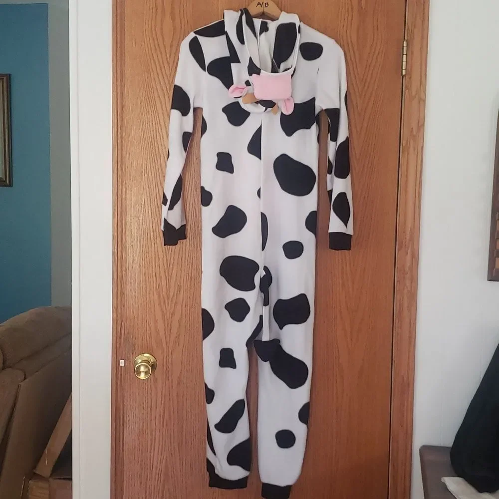 Cute One Piece Cow Halloween Costume Lightweight Fleece Sz 12/14